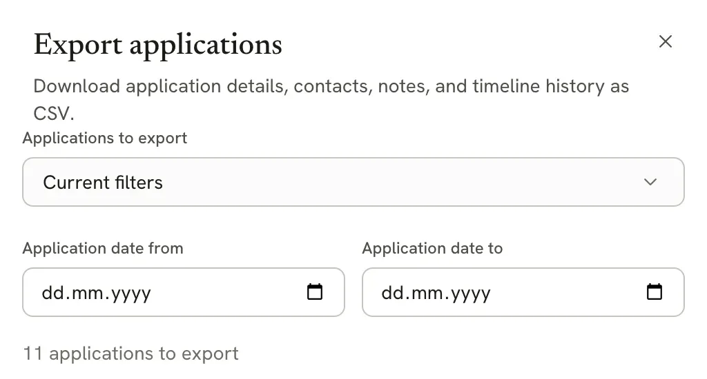 Export applications sheet with Applications to export set to Current filters, empty Application date from and Application date to fields, and 11 applications to export