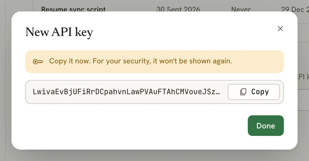 New API key dialog showing the generated key with a Copy button and the warning Copy it now. For your security, it won't be shown again.