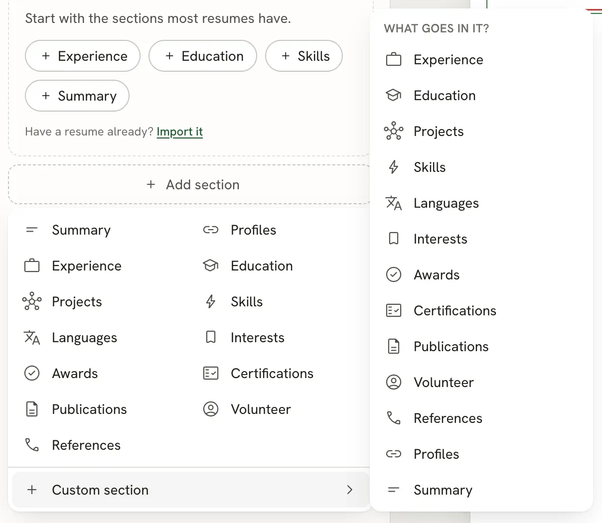 The Add section menu listing built-in sections in two columns, and the Custom section submenu open beside it under the heading What goes in it?, listing thirteen section types.