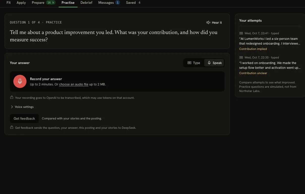 Practice tab in Speak mode with Record your answer, an audio-file option, a two-minute limit, OpenAI transcription notice and Voice settings