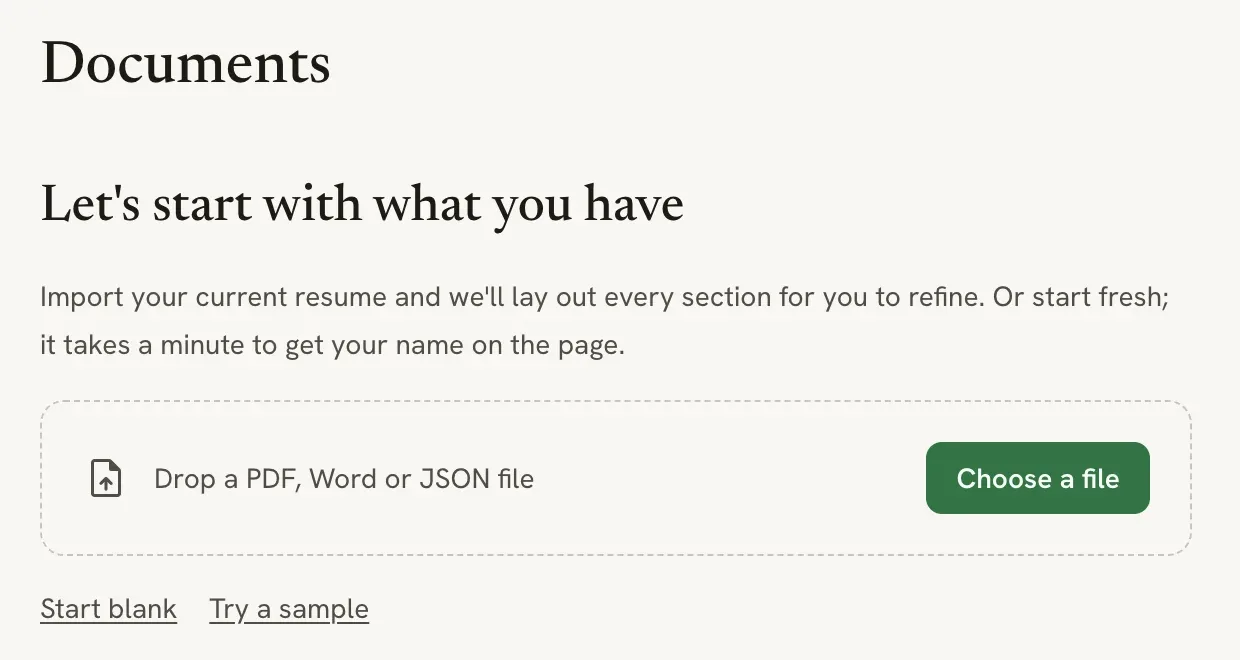 The empty Documents page with the heading Let's start with what you have, a Choose a file button, and Start blank and Try a sample links