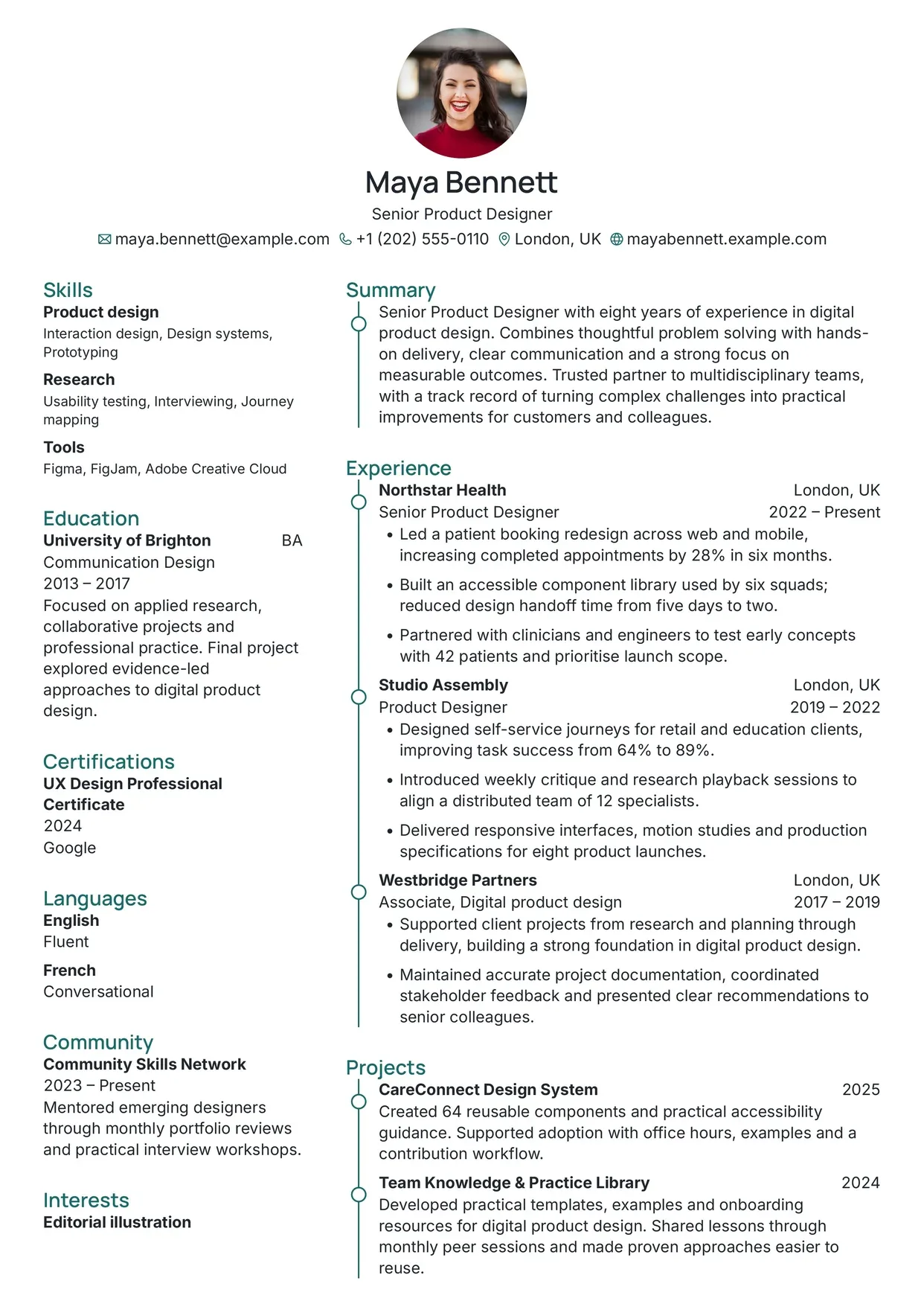 First page of a resume in the Azurill template: centred photo and header, sidebar on the left