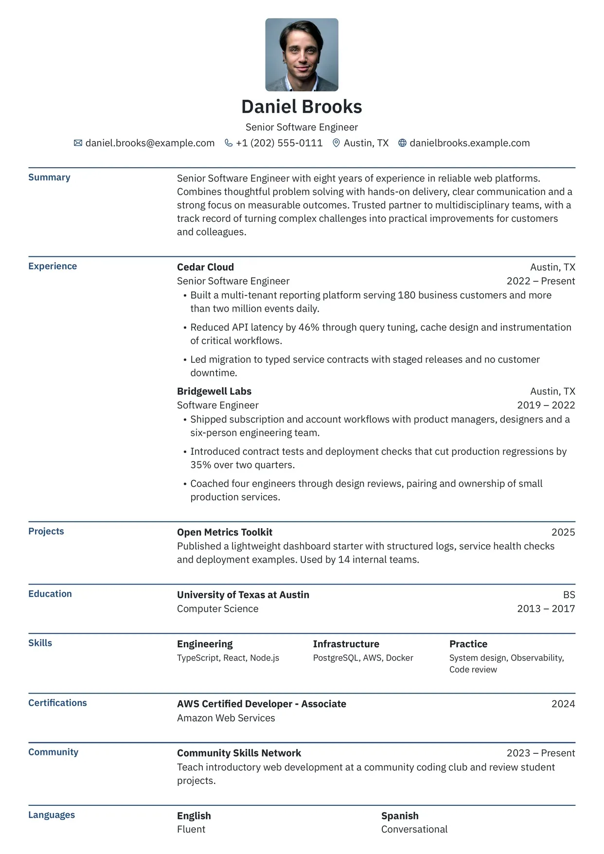 First page of a resume in the Bronzor template: one column with labelled section rows