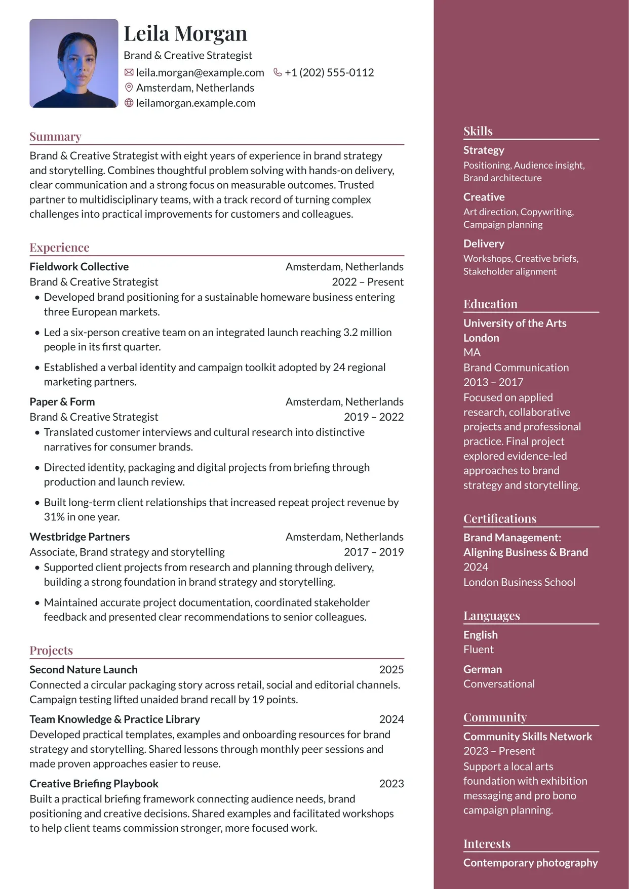 First page of a resume in the Chikorita template: header over the main column and a colored sidebar on the right