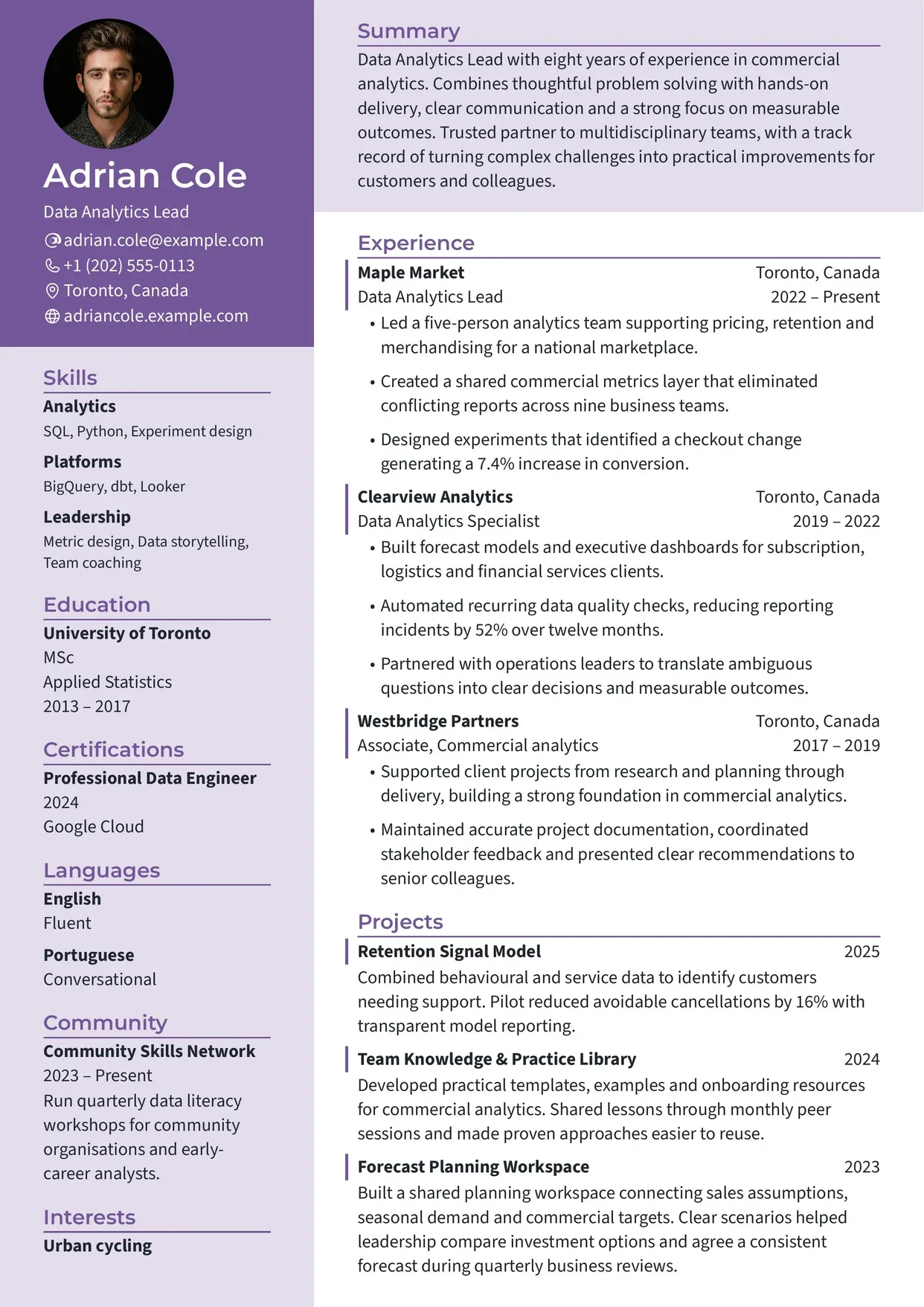 First page of a resume in the Ditgar template: header inside a colored left sidebar