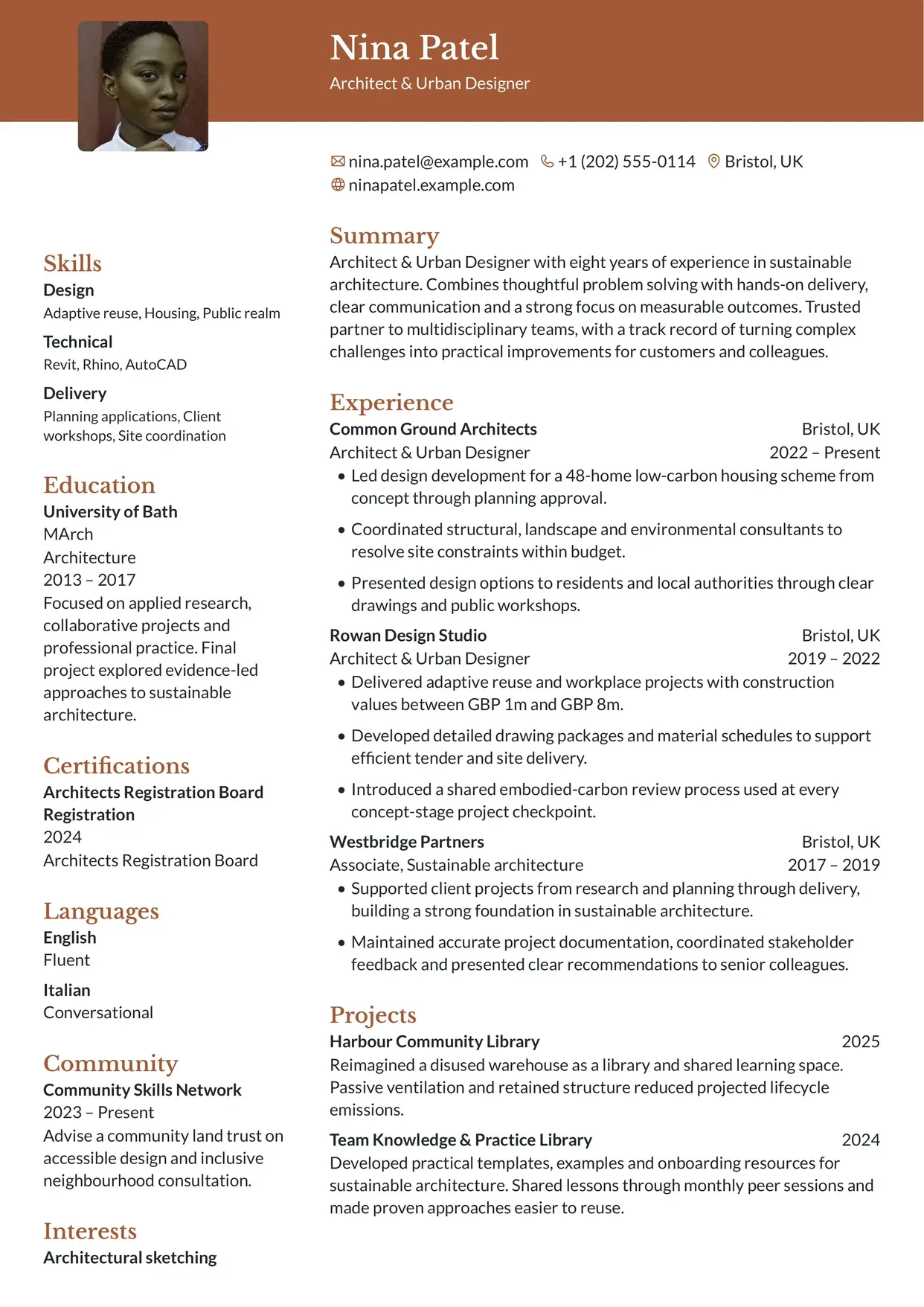First page of a resume in the Ditto template: colored header band across the page, sidebar on the left