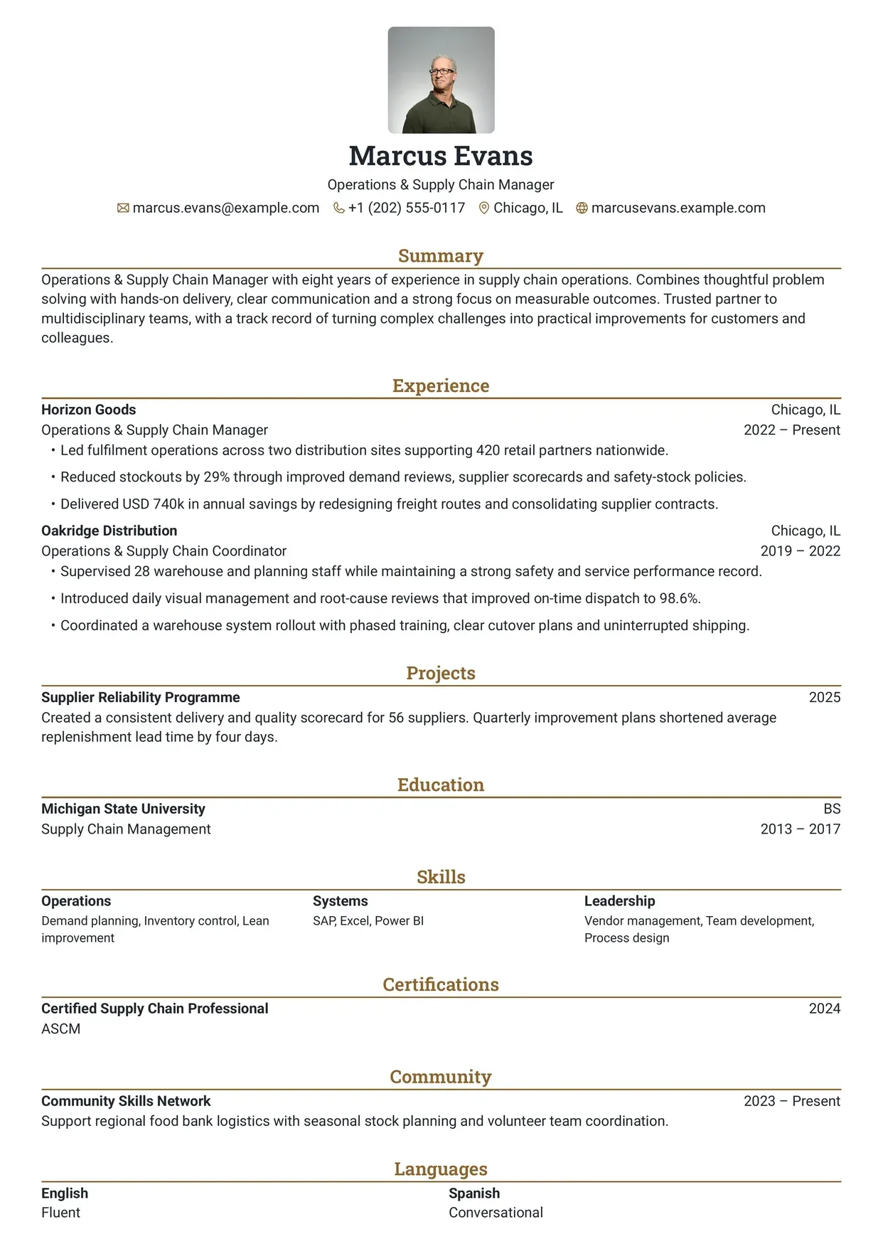 First page of a resume in the Kakuna template: centred header, one column