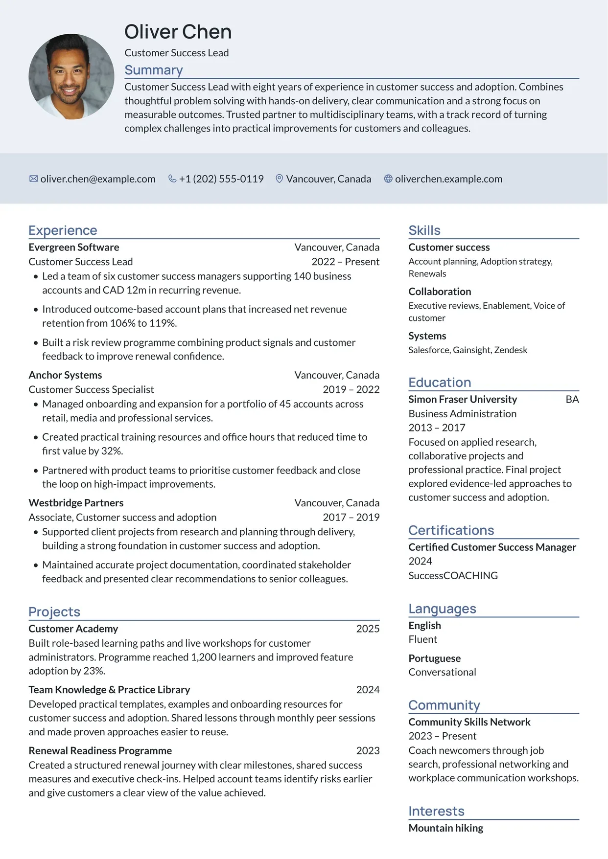 First page of a resume in the Leafish template: tinted header across the page, sidebar on the right