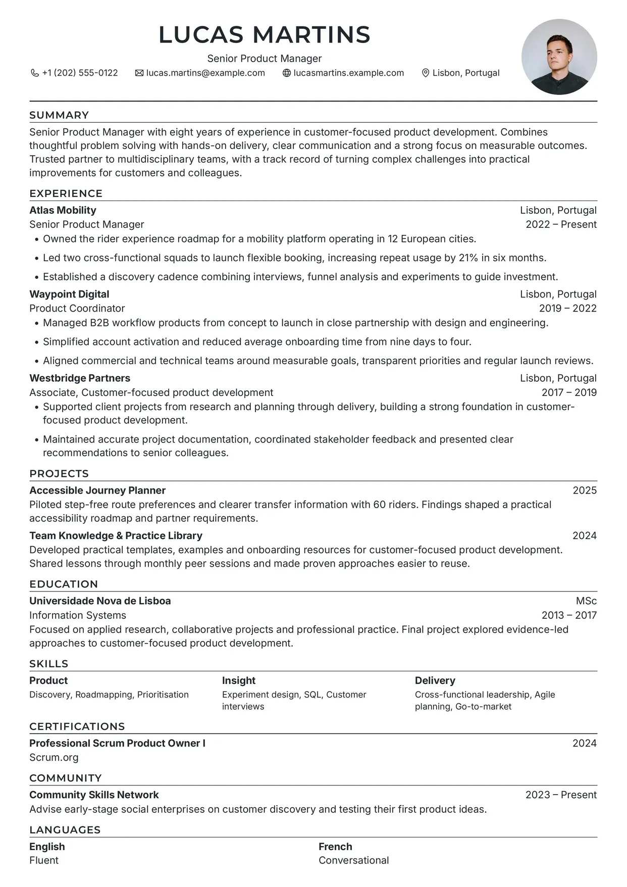 First page of a resume in the Persian template: compact centered serif letterhead without a photo, uppercase section headings, thin section rules, and one column