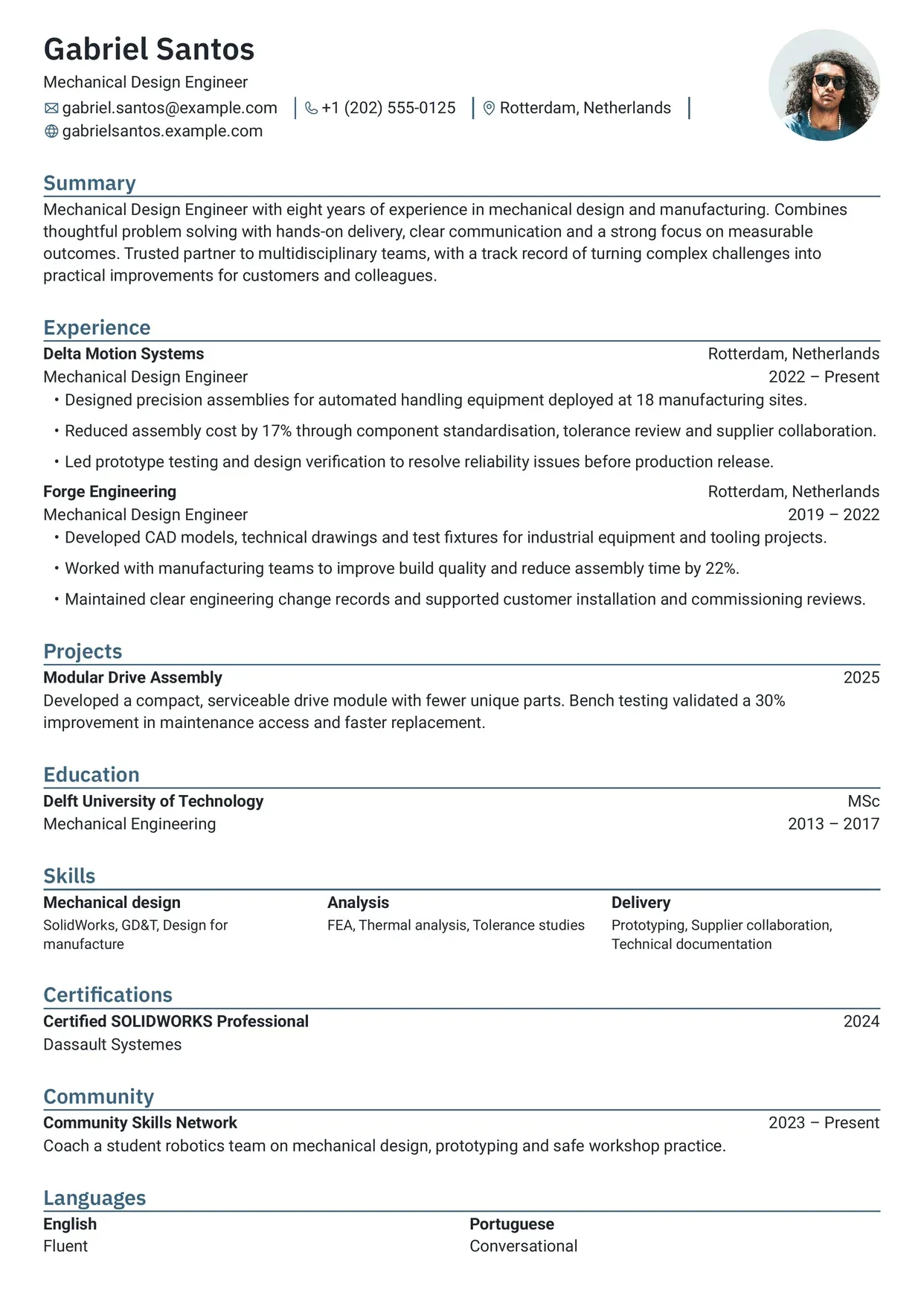 First page of a resume in the Rhyhorn template: minimal top header and one column