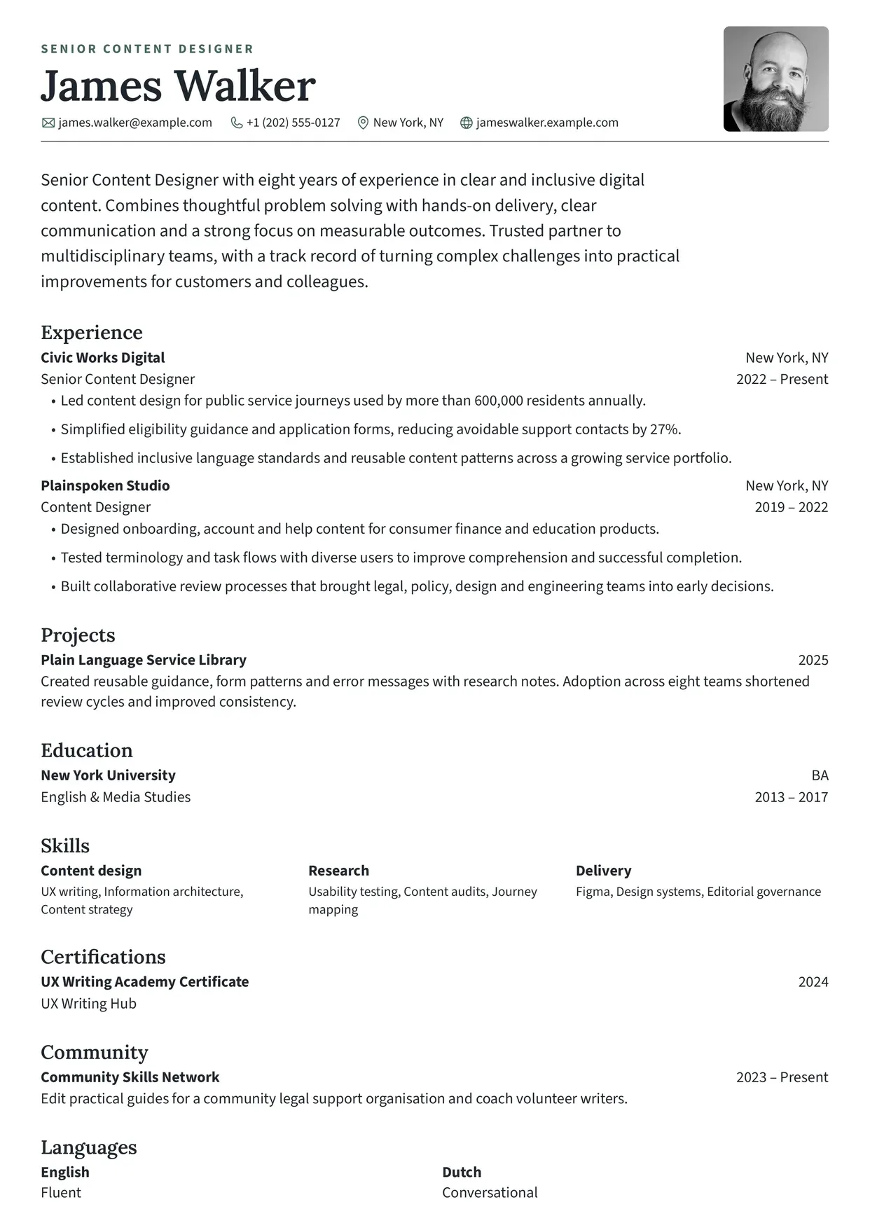 First page of a resume in the Smeargle template: a large name under a small uppercase kicker and a larger introduction