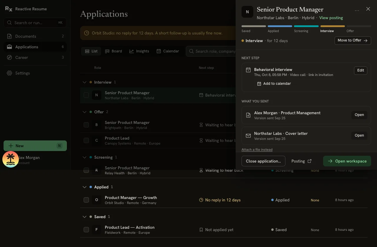 Details sheet for Senior Product Manager at Northstar Labs, showing the Interview stage, next interview, sent documents and Open workspace button