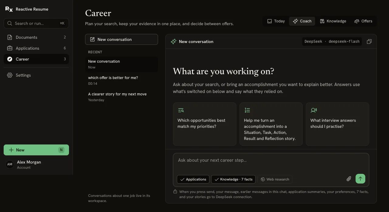 Career coach with Applications and Knowledge enabled, Web research off, provider selection, conversation history and a privacy line