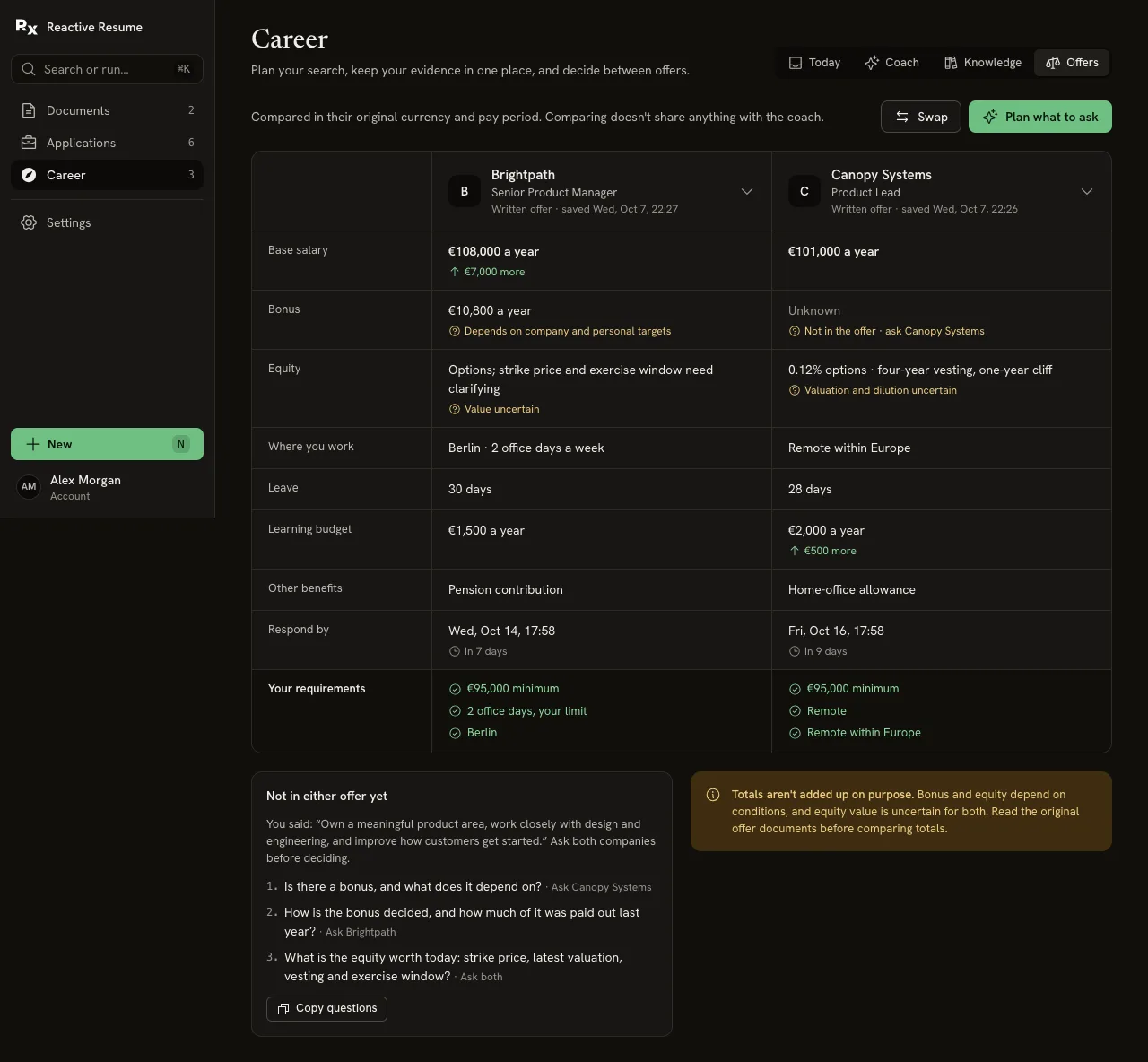 Brightpath and Canopy Systems offers compared across salary, bonus, equity, location, leave, learning budget, benefits and deadlines, with unknown bonus and uncertain equity highlighted