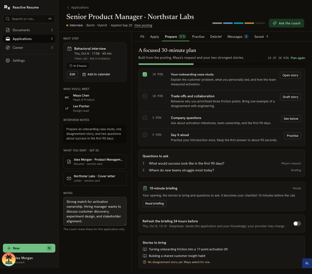 Prepare tab with a 30-minute plan, linked stories, a missing disagreement story, questions to ask, Read briefing and a briefing refresh switch