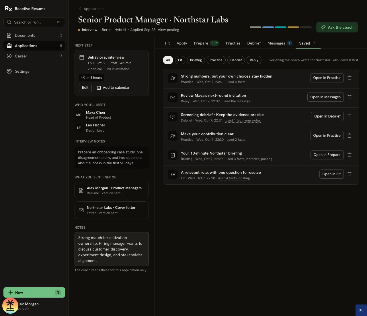 Saved tab listing practice feedback, a recruiter reply, debrief, briefing and Fit check, each with an Open in control and deletion button