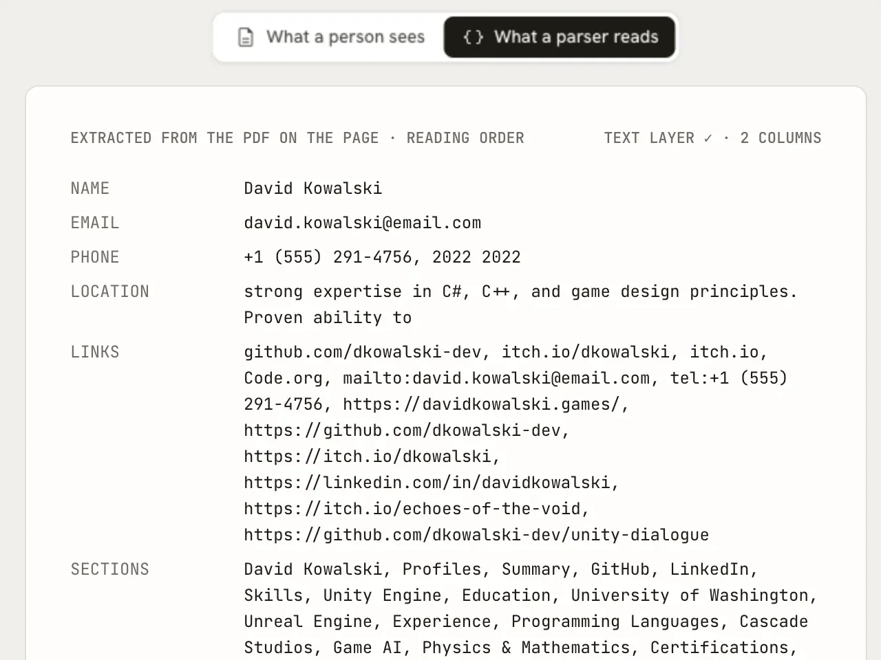 The parser view, listing the name, email, phone, location, links and sections software found in the resume's PDF, marked as text layer with 2 columns