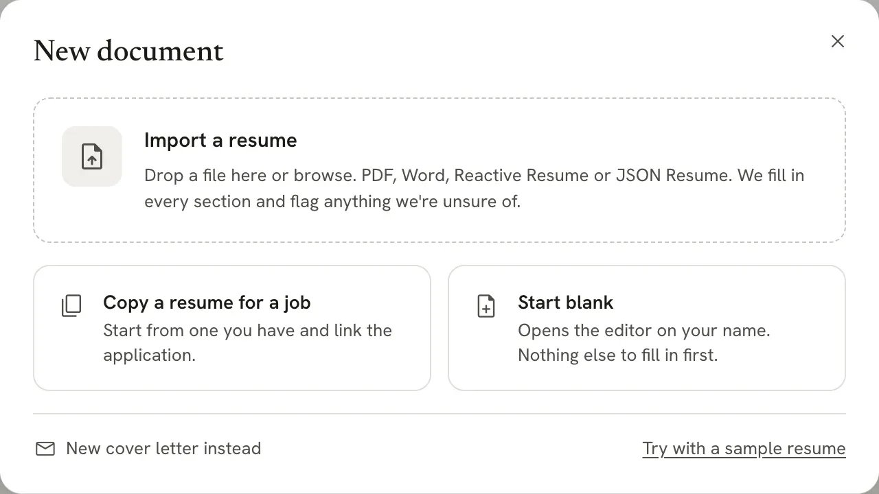 The New document dialog with Import a resume, Copy a resume for a job, Start blank, New cover letter instead and Try with a sample resume