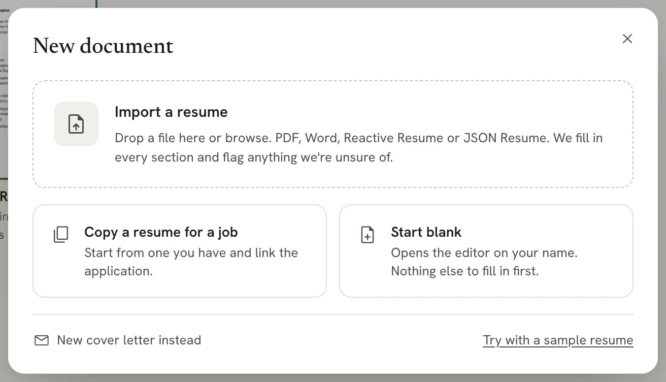 The New document dialog, with Import a resume, Copy a resume for a job and Start blank, and New cover letter instead at the bottom left