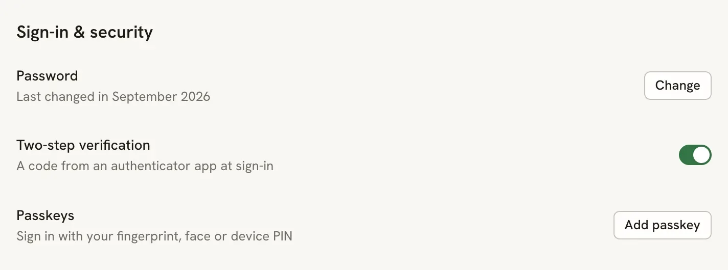 The Sign-in and security section with the Two-step verification switch turned on