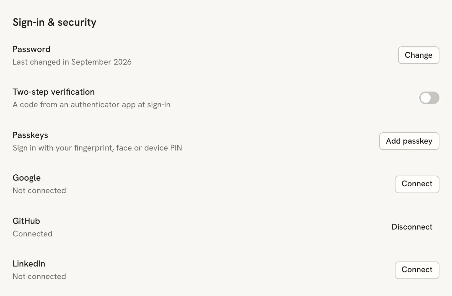 The Sign-in and security section with Password, Two-step verification and Passkeys rows, followed by Google marked Not connected with a Connect button, GitHub marked Connected with a Disconnect button, and LinkedIn marked Not connected with a Connect button