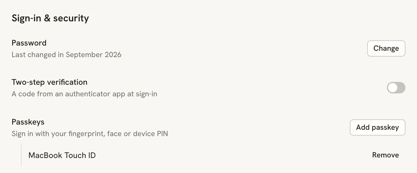 The Sign-in and security section with a passkey named MacBook Touch ID listed under Passkeys, with a Remove button