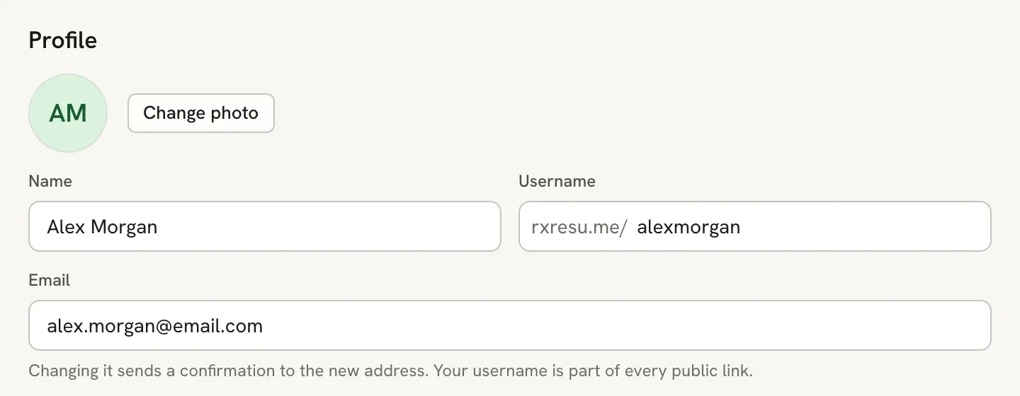 The Profile section with an initials avatar, a Change photo button, Name and Username fields, and an Email field with a hint about confirmation
