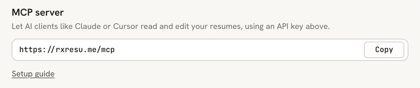 MCP server section showing the address https://rxresu.me/mcp with a Copy button and a Setup guide link