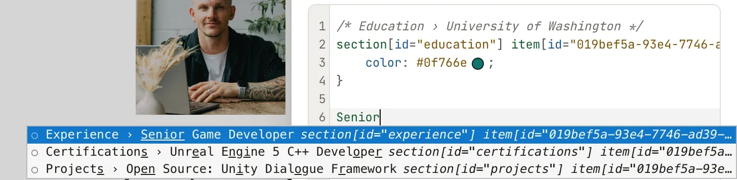 Autocomplete suggestions under the word Senior, led by Experience › Senior Game Developer with its section and item selector