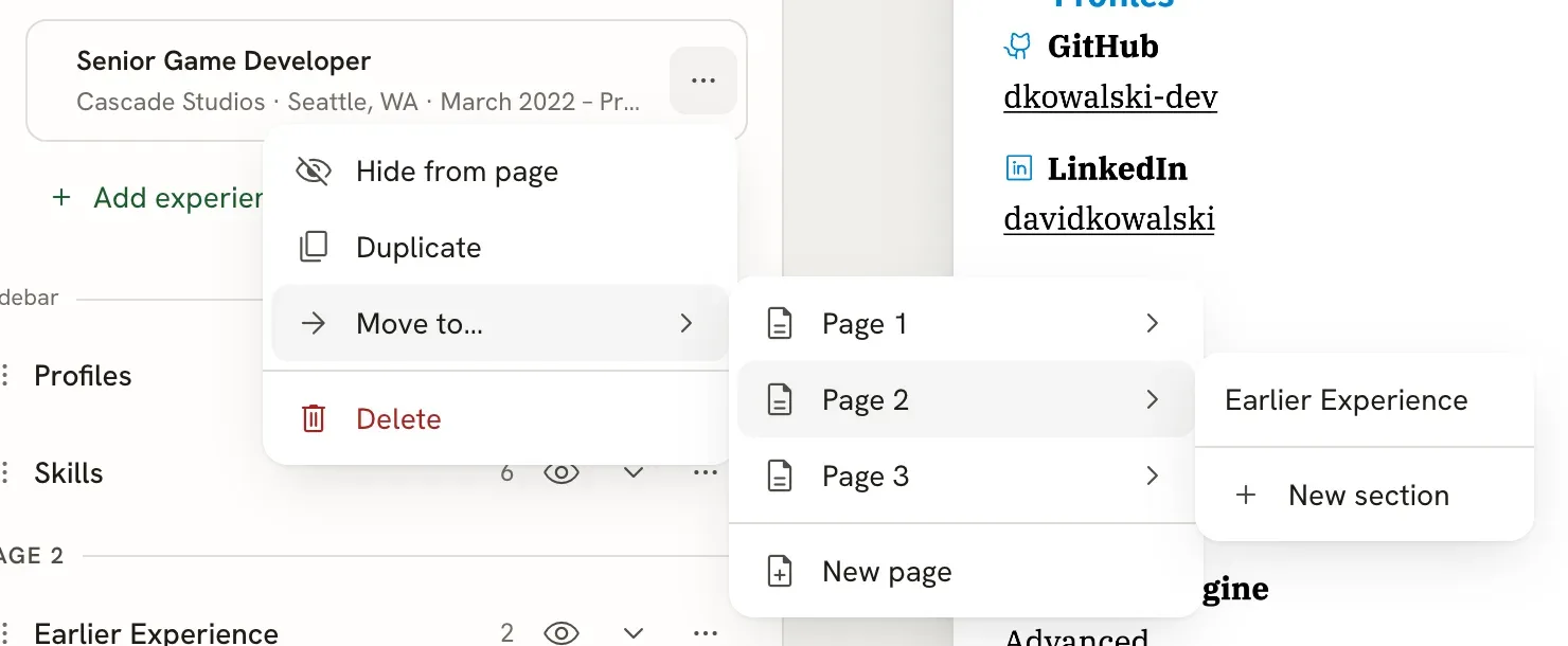 An Experience entry's menu showing Hide from page, Duplicate, Move to… and Delete. The Move to… submenu lists Page 1, Page 2, Page 3 and New page, and Page 2 is open, offering the Earlier Experience section and New section.