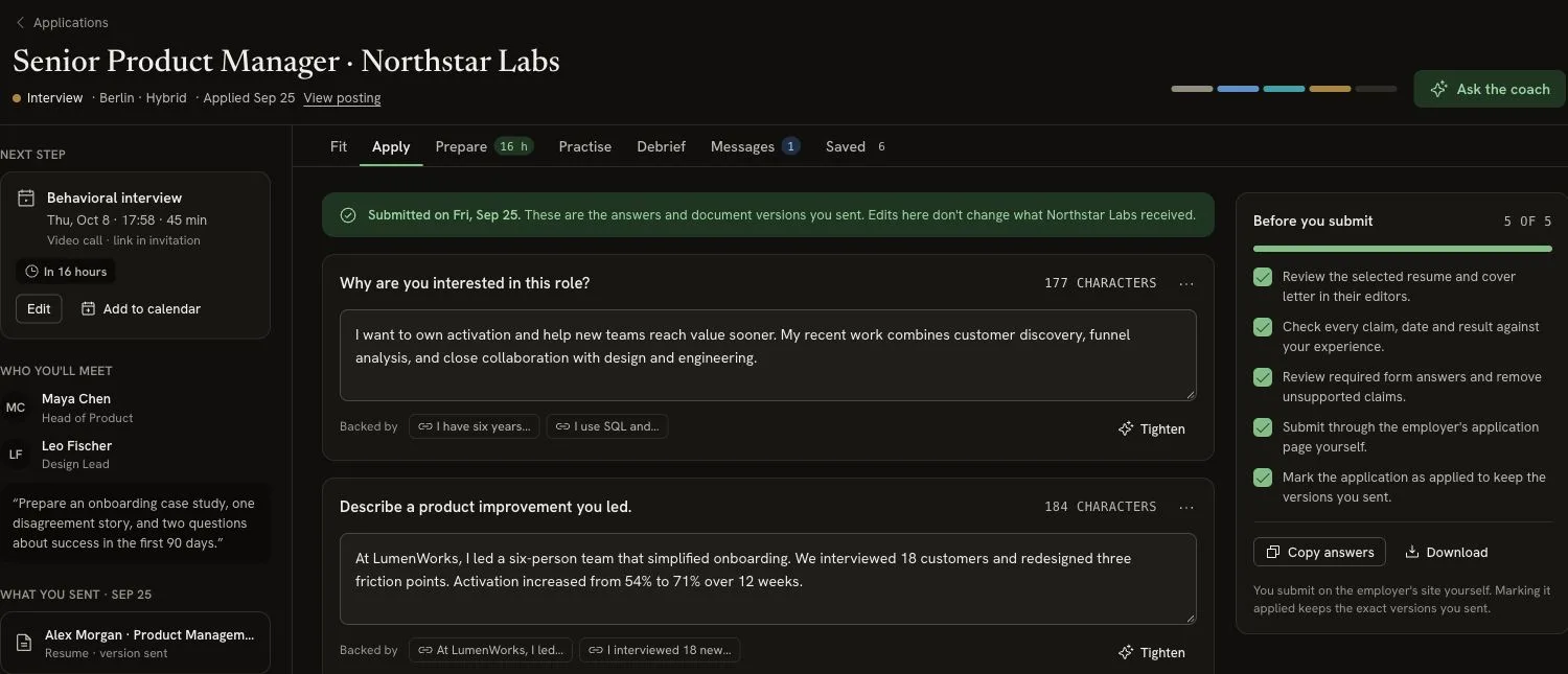 Apply tab showing two answers with character counts, backing facts, Tighten controls and a submission checklist