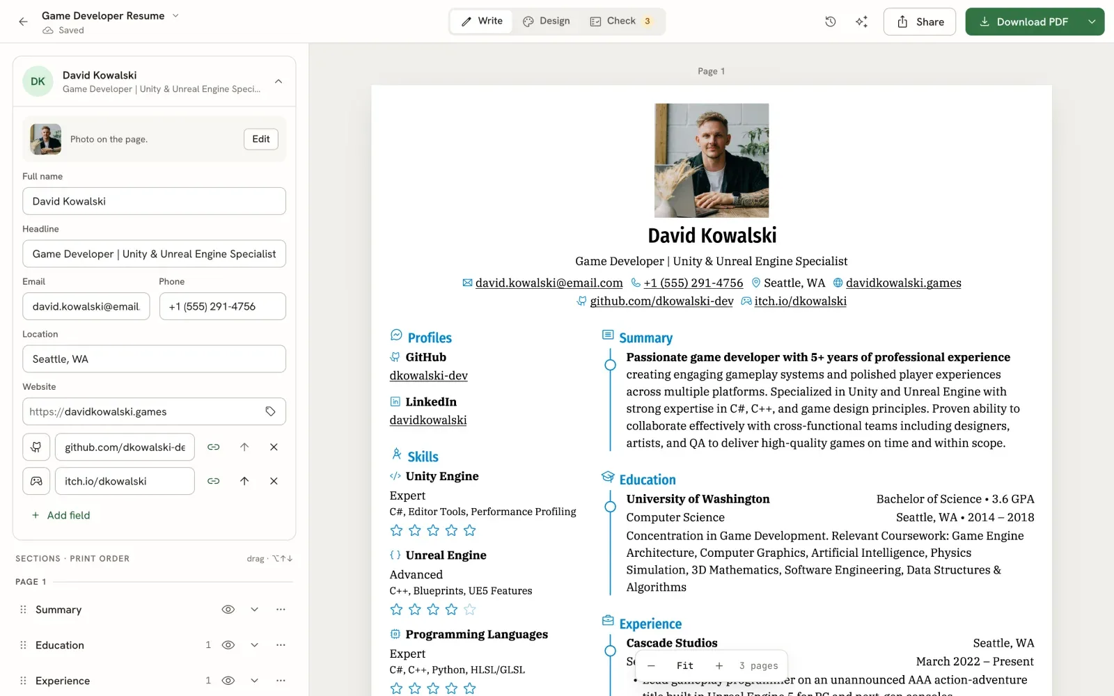 The Reactive Resume editor with a game developer's resume. The Basics card with name, headline, email and phone fields is on the left, and the rendered resume page with a photo, contact line, Profiles, Skills, Summary and Education is on the right.