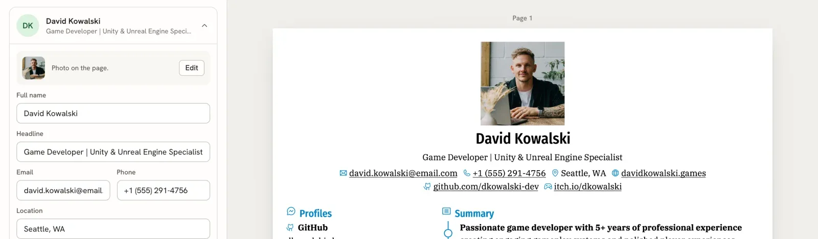 The Basics card with Full name set to David Kowalski and a headline, email, phone and location, next to the resume page showing the same name and contact details under a photo.