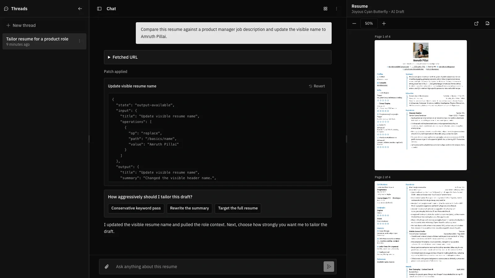 AI Agent chat showing an applied patch with raw JSON details