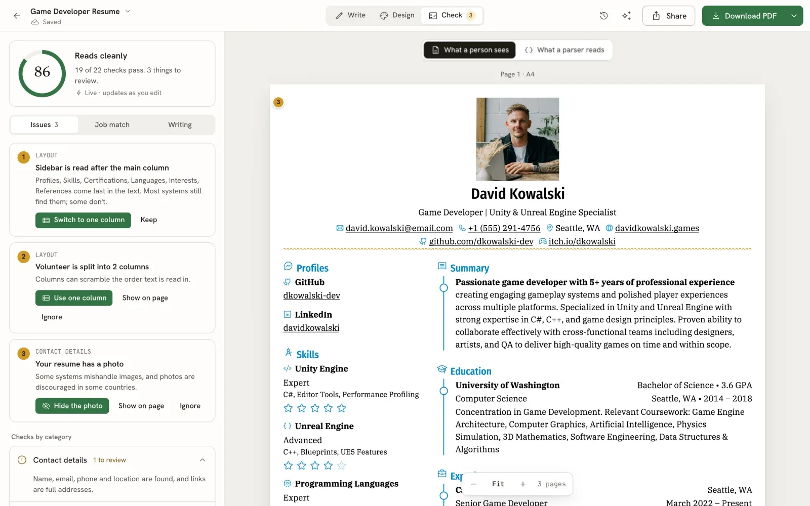 Check mode with a live readability score, Issues, Job match and Writing tabs, fix actions and numbered findings on the resume page.