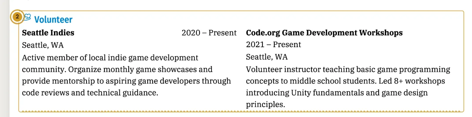 The Volunteer section of a resume outlined in amber, with a numbered pin 2 in the left margin