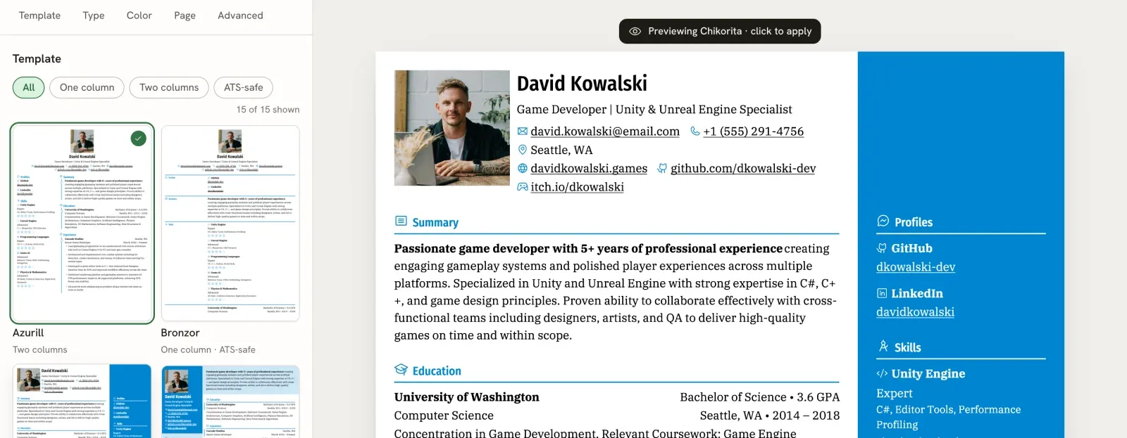 The Design panel with the pointer over the Chikorita thumbnail, and the page on the right showing the resume in the Chikorita template with a dark label reading Previewing Chikorita, click to apply