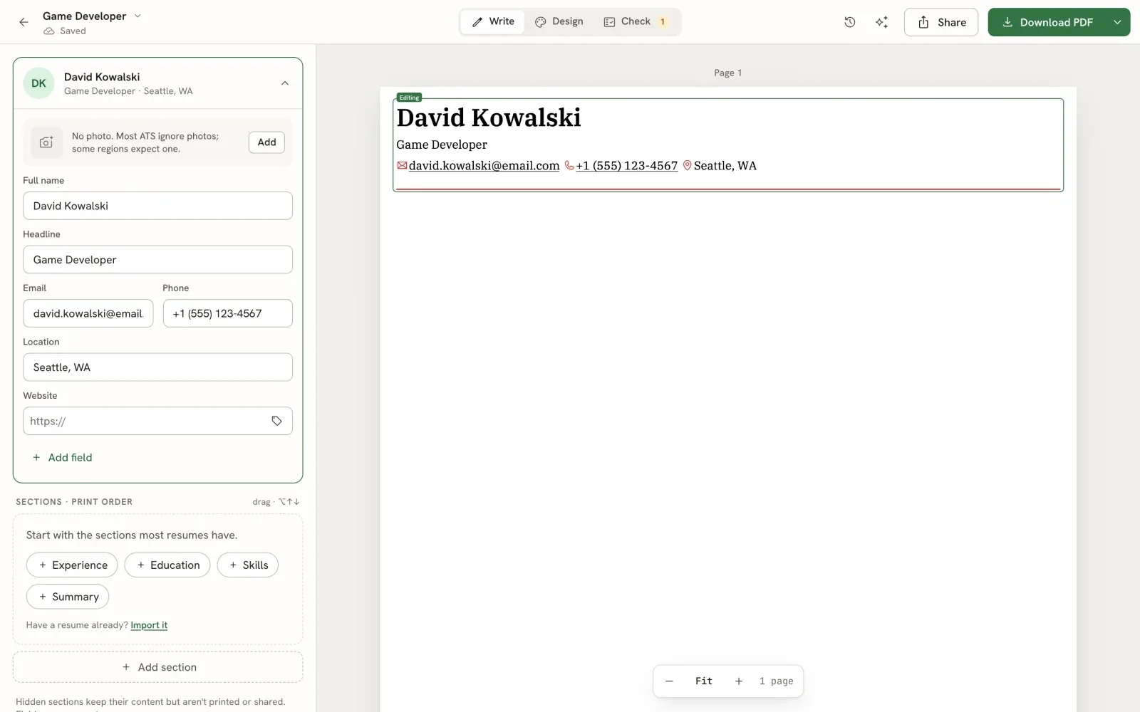 The resume editor in Write mode with name, headline, email, phone and location filled in on the left and the same details on the page preview on the right
