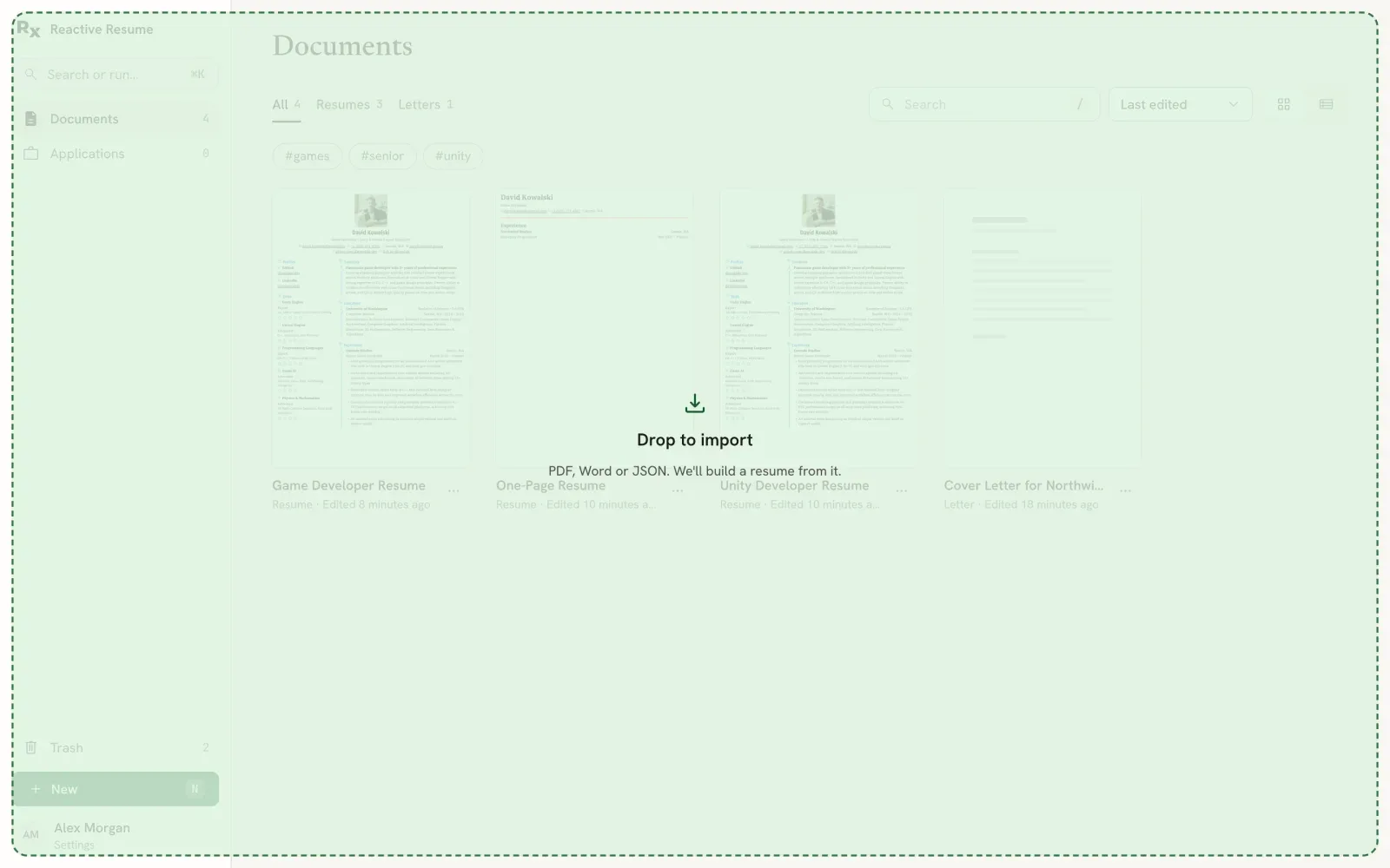 The Documents page covered by a green drop area reading Drop to import, PDF, Word or JSON. We'll build a resume from it