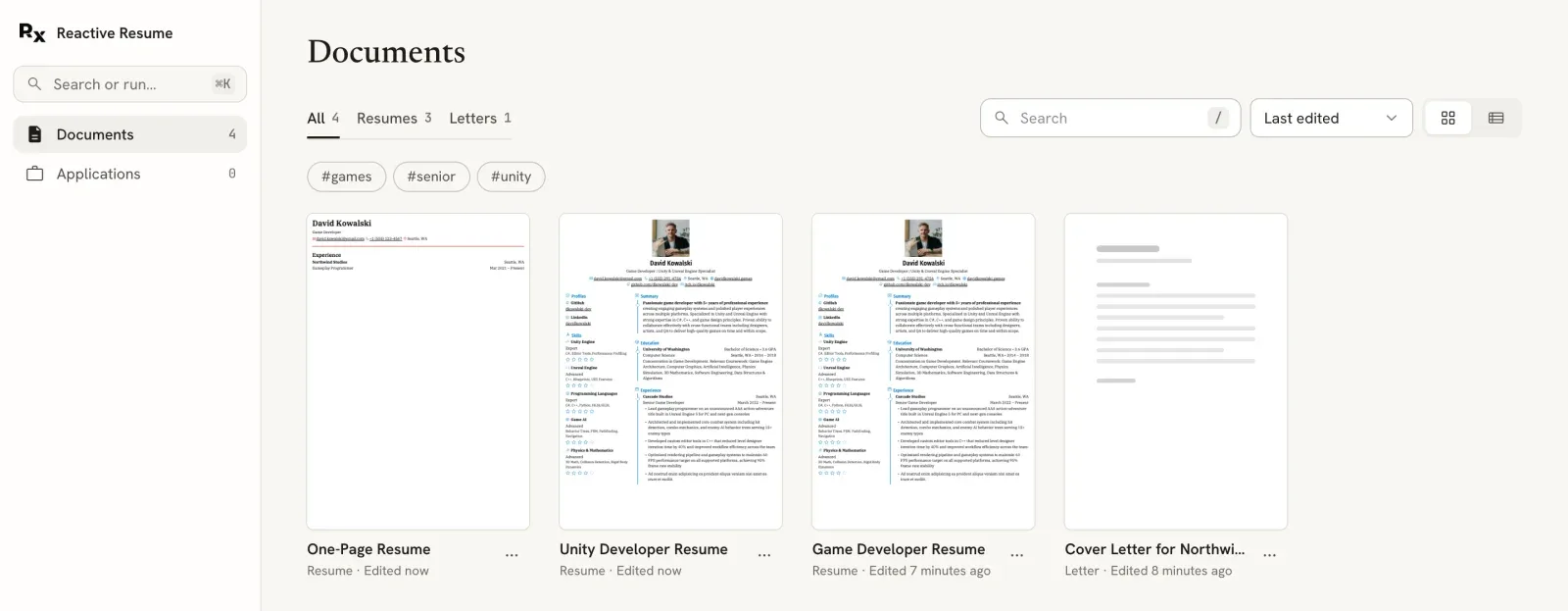 Documents with All, Resumes and Letters tabs, search, sorting, tag filters and a grid of resume and letter cards.