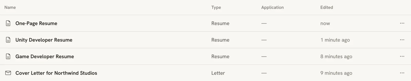 Documents in list view with columns for Name, Type, Application and Edited, and a menu button at the end of each row