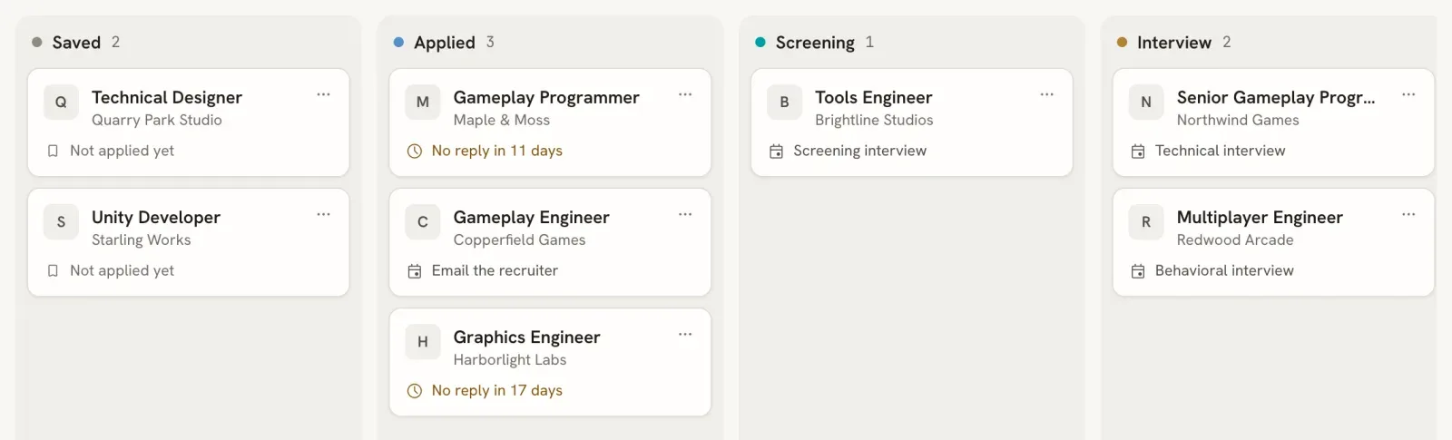 Application board columns for Saved, Applied, Screening and Interview, with next-step labels on job cards.