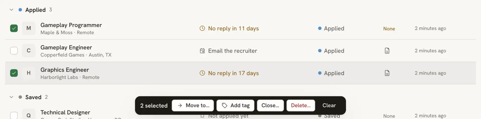 Two application rows checked in the List view and a dark bar reading 2 selected with Move to…, Add tag, Close…, Delete… and Clear