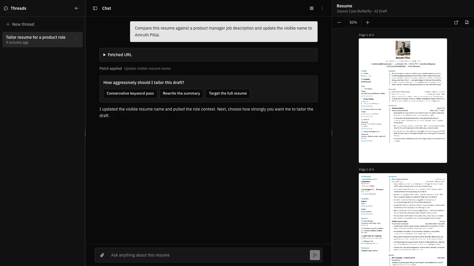AI Agent workspace showing thread sidebar, chat, and resume preview
