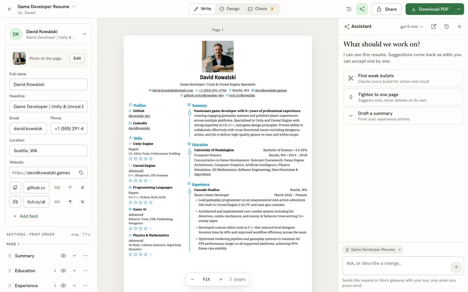 The resume editor with an Assistant panel beside the rendered page, suggested starting prompts and a document context chip.