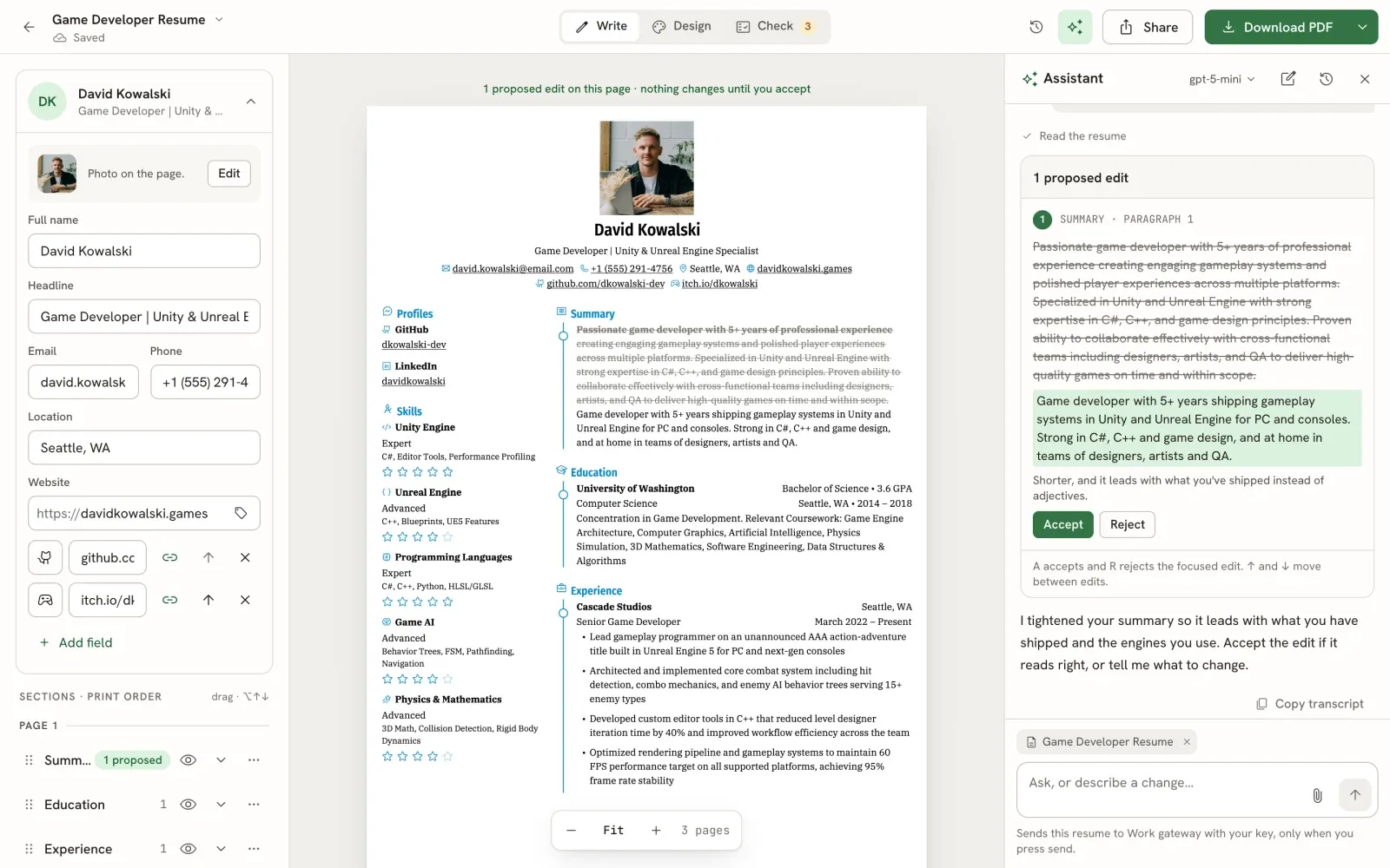 Resume editor where the summary on the page shows the old text struck through and the new text below it, with a banner reading 1 proposed edit on this page · nothing changes until you accept, and the matching card in the Assistant panel