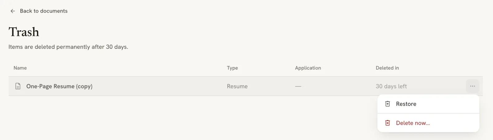 The Trash page listing One-Page Resume (copy) with 30 days left and a menu showing Restore and Delete now