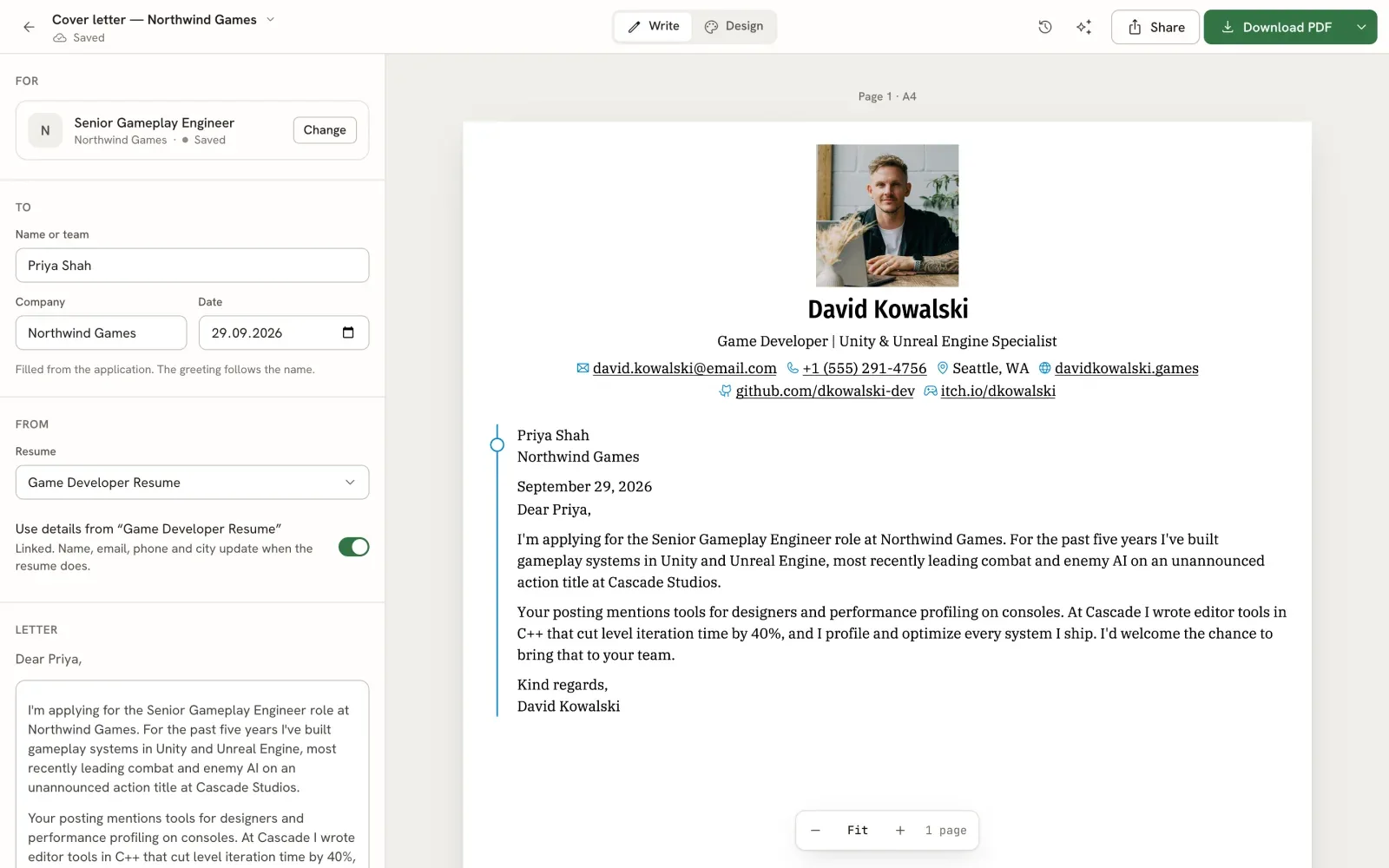A standalone letter editor with recipient name, company, date, linked resume details and a live letter preview.