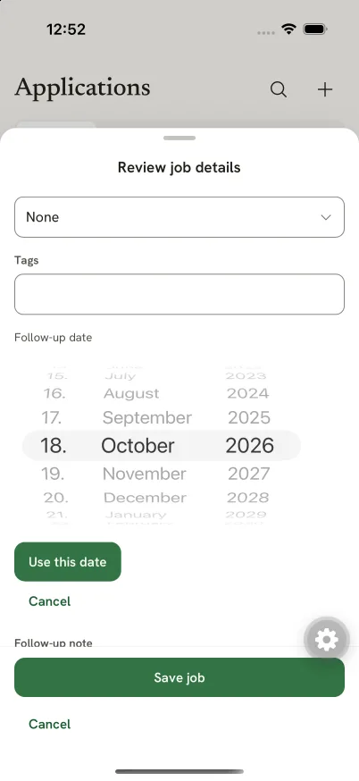 Native iPhone follow-up date picker with day, month and year wheels, Use this date and Cancel controls