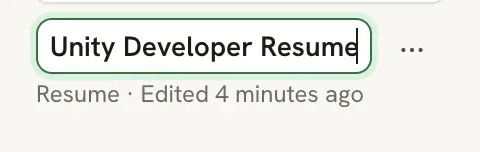 A document card with its name field in edit mode showing Unity Developer Resume